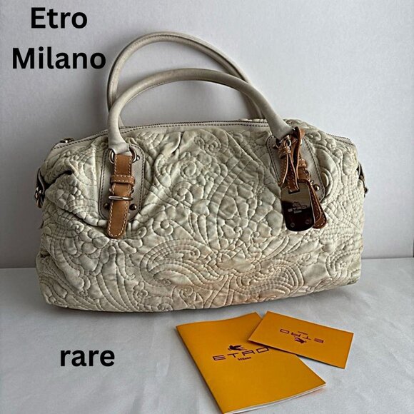Etro Milano rare Quilted Beige Handbag Leather Trim 1B896-2198 Authentic - Picture 1 of 16